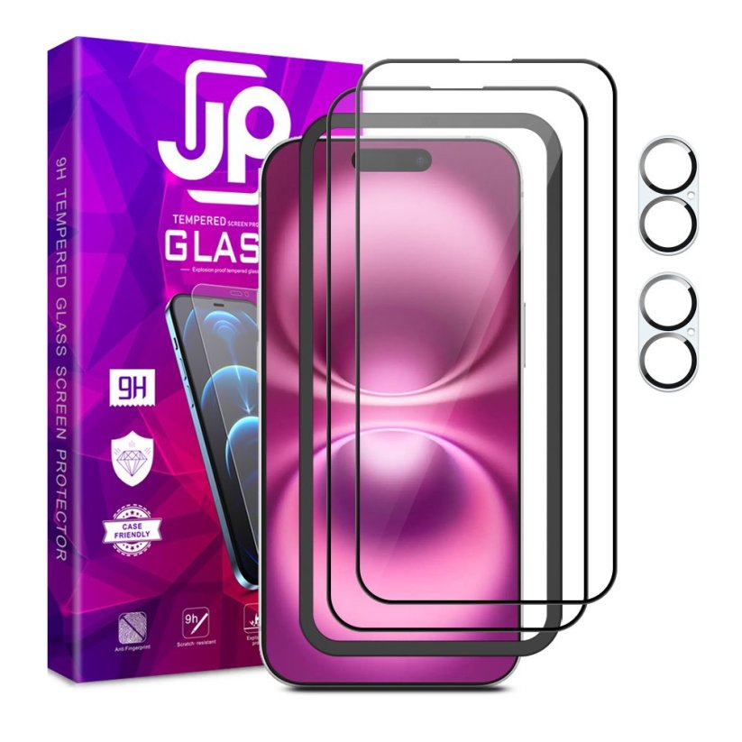 JP Full Pack Tempered glass, 2x 3D glass with applicator + 2x camera glass, iPhone 16