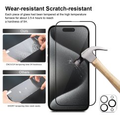 JP Full Pack Tempered glass, 2x 3D glass with applicator + 2x camera glass, iPhone 15 Pro