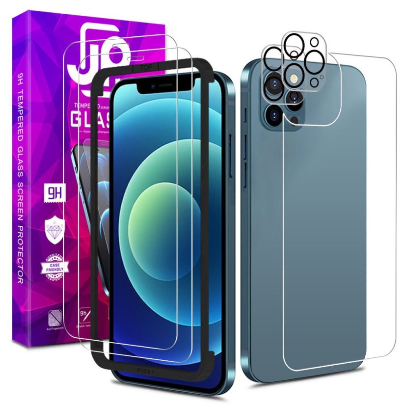 JP All Pack of Tempered Glass, 2 screen protectors + 2 camera glass + 1 back glass, iPhone 12 Pro MAX