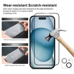 JP Full Pack Tvrzených skel, 2x 3D sklo s aplikátorem + 2x sklo na čočku, iPhone 15 Plus