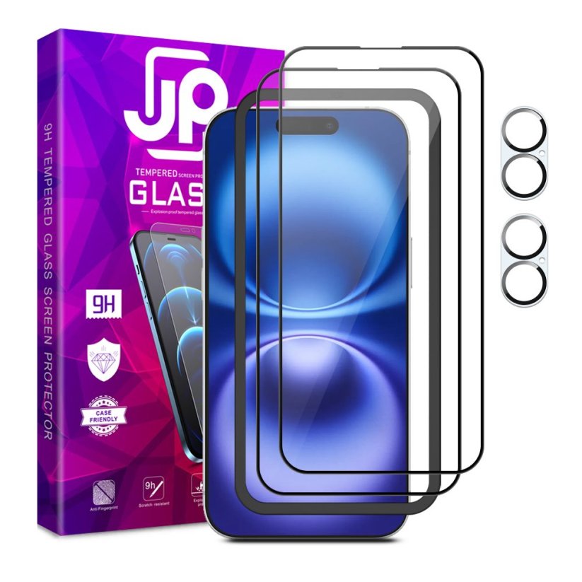 JP Full Pack Tvrzených skel, 2x 3D sklo s aplikátorem + 2x sklo na čočku, iPhone 16 Plus