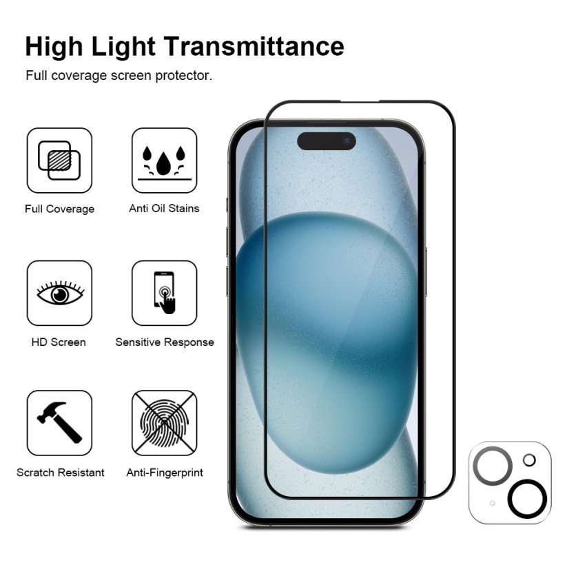 JP Full Pack Tempered glass, 2x 3D glass with applicator + 2x camera glass, iPhone 15 Plus