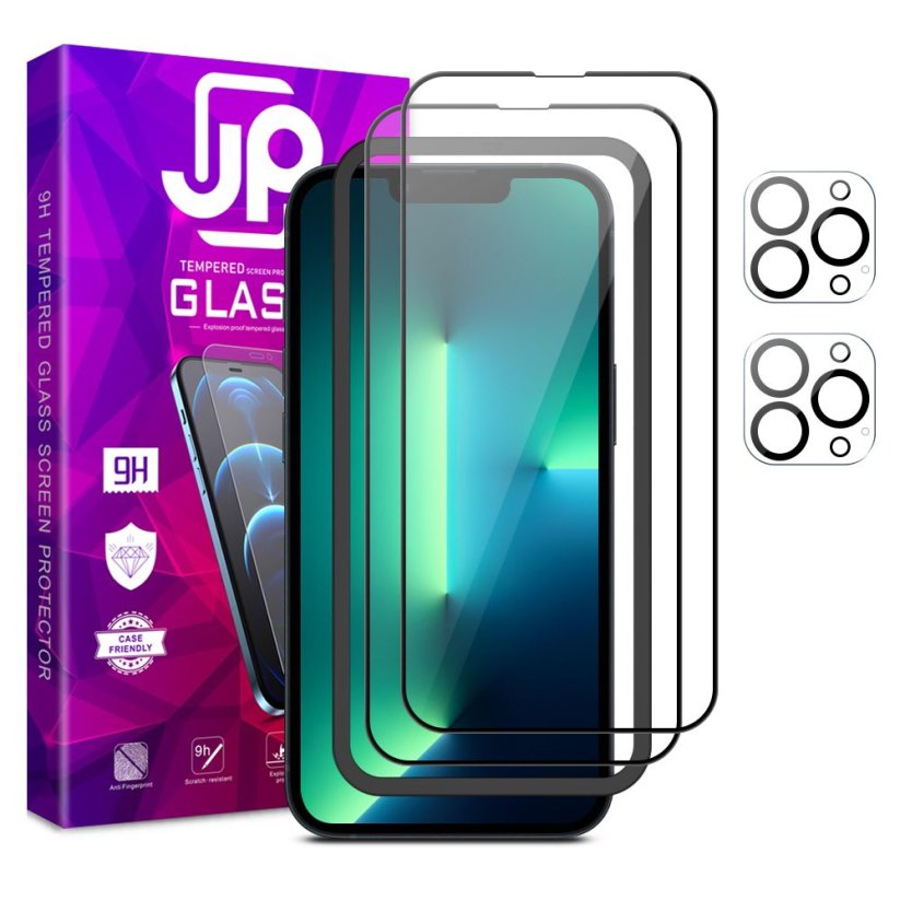JP Full Pack Tvrzených skel, 2x 3D sklo s aplikátorem + 2x sklo na čočku, iPhone 13 Pro