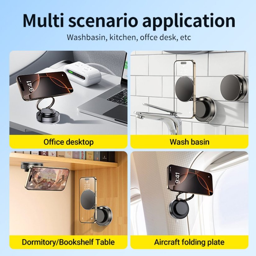 360° magnetický nastavitelný přísavný držák telefonu do auta s rubidiovým magnetem, černý, C46