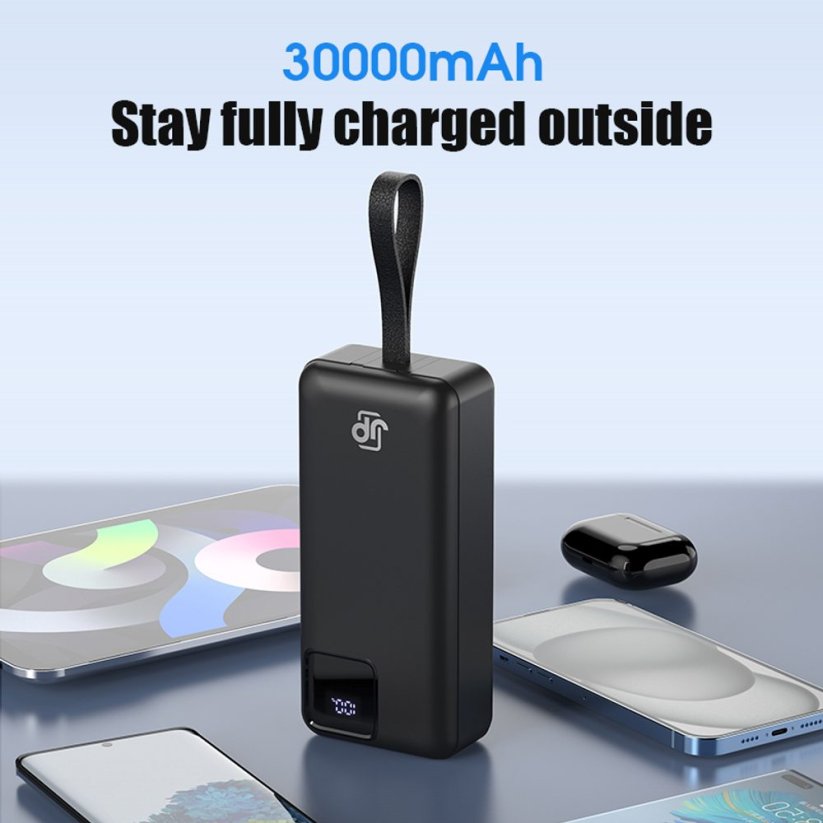 JP Power Bank with 2 Built-in Cables, 30000 mAh, USB-C + Lightning, with LED Light, PD 22,5W, Black