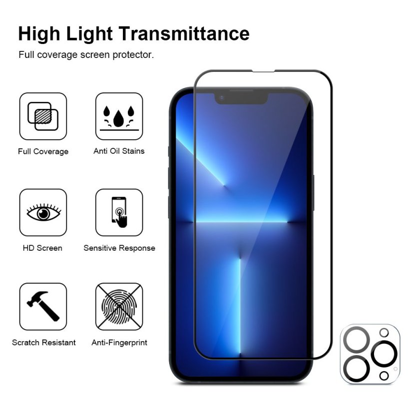 JP Full Pack Tempered glass, 2x 3D glass with applicator + 2x camera glass, iPhone 13 Pro Max