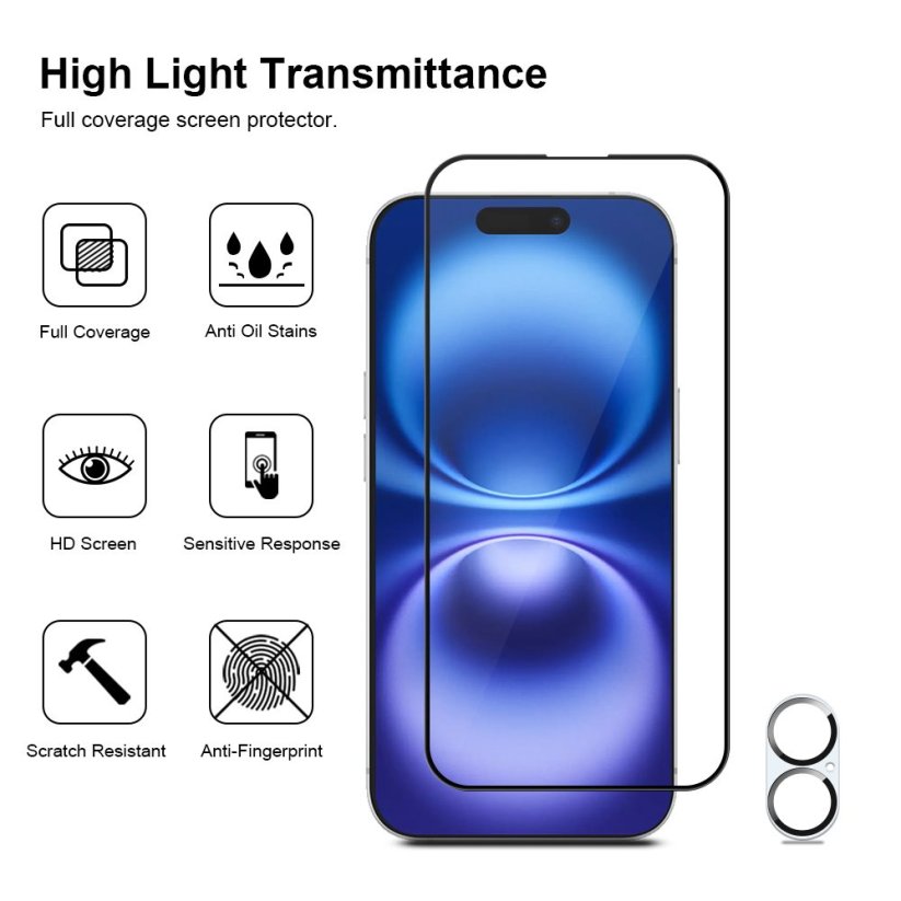 JP Full Pack Tvrzených skel, 2x 3D sklo s aplikátorem + 2x sklo na čočku, iPhone 16 Plus