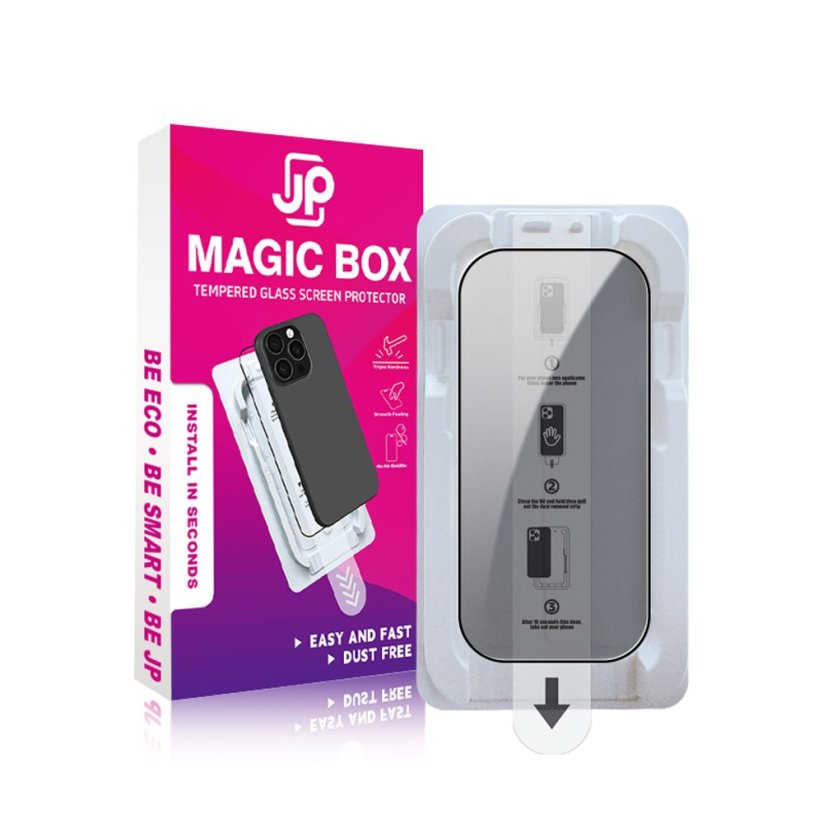 JP Magic Box Privacy 5D Tvrzené sklo s jednoduchou aplikací, iPhone 15 / 16, černé
