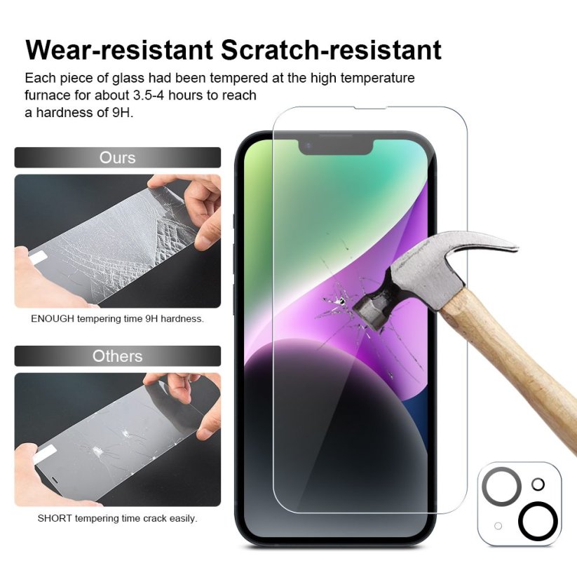 JP Mega Pack Tvrzených skel, 3 skla na telefon s aplikátorem + 2 skla na čočku, iPhone 14