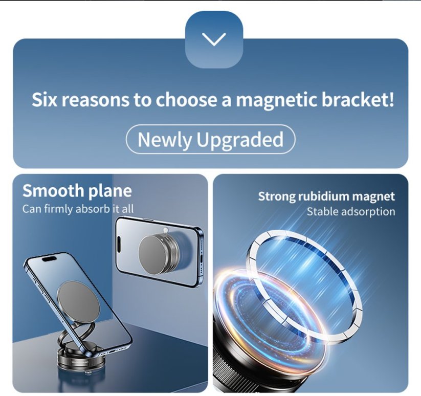 360° magnetický nastavitelný přísavný držák telefonu do auta s rubidiovým magnetem, černý, C46