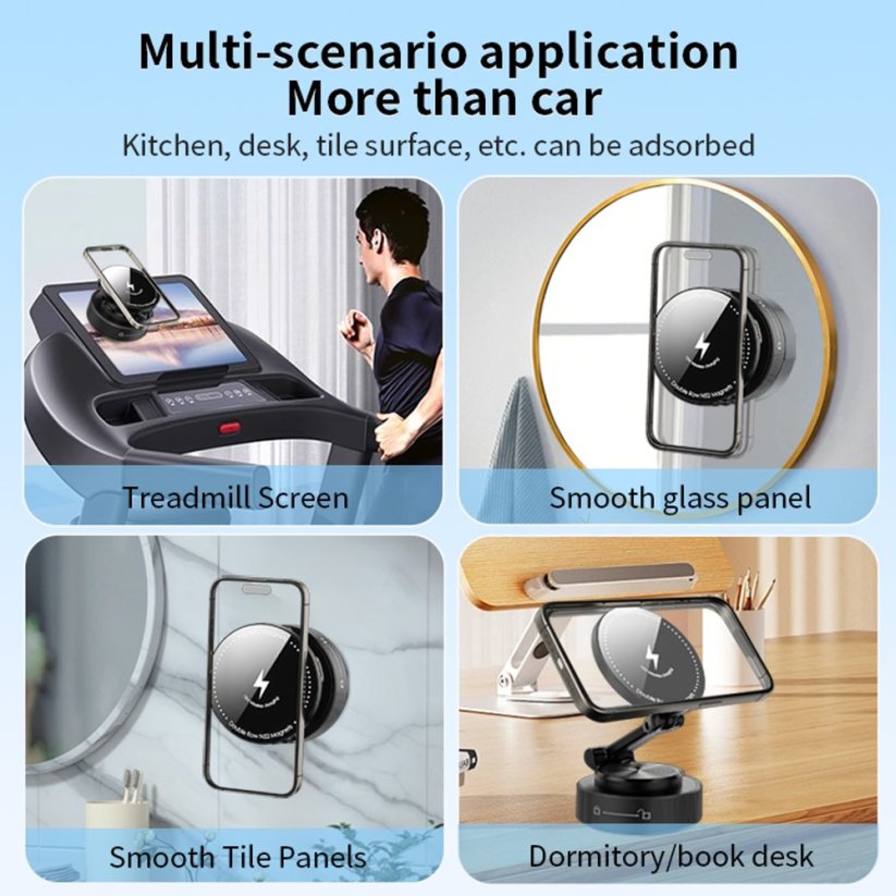 360° 15W magnetický bezdrátový přísavný držák telefonu s nastavitelným ramenem, černý, C48