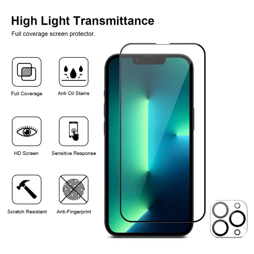 JP Full Pack Tempered glass, 2x 3D glass with applicator + 2x camera glass, iPhone 13 Pro