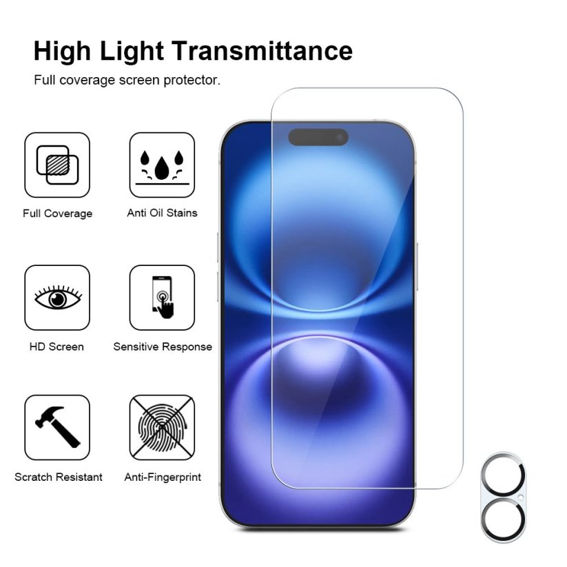 JP Mega Pack Tvrzených skel, 3 skla na telefon s aplikátorem + 2 skla na čočku, iPhone 16 Plus