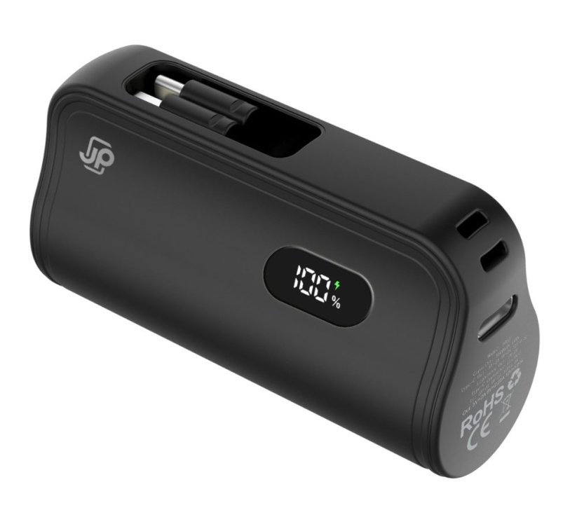 JP Powerbanka PlugOn s integrovaným konektorem pro USB-C a Lightning, 5000 mAh, PD 20W, černá