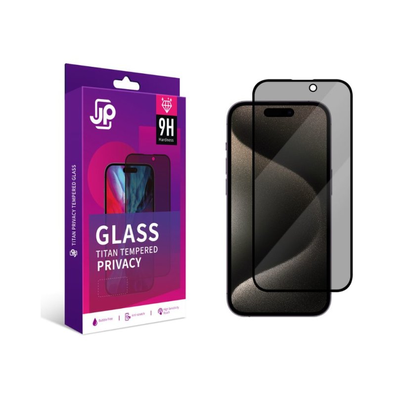 JP Titan Privacy extra durable Tempered Glass, iPhone 15 / 16, Black