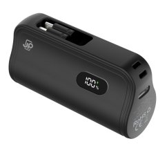 JP Powerbanka PlugOn s integrovaným konektorem pro USB-C a Lightning, 5000 mAh, PD 20W, černá