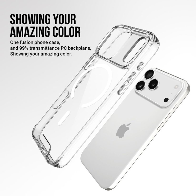 JP MagFit MagSafe obal s 1.2M SGS certifikátem, iPhone 17 Pro Max, průhledný