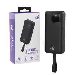 JP Power Bank with 2 Built-in Cables, 30000 mAh, USB-C + Lightning, with LED Light, PD 22,5W, Black