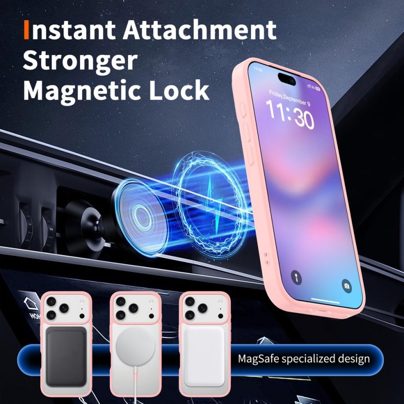 JP MagFit Clear MagSafe obal s N52 magnetem, iPhone 17 Pro, světle růžový