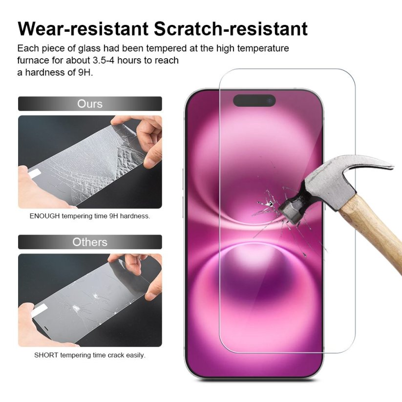 JP Long Pack Tempered Glass, 3 screen protectors with applicator, iPhone 16