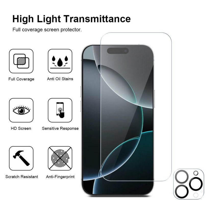 JP Mega Pack Tempered Glasses, 3 glasses with applicator + 2 camera glasses, iPhone 16 Pro