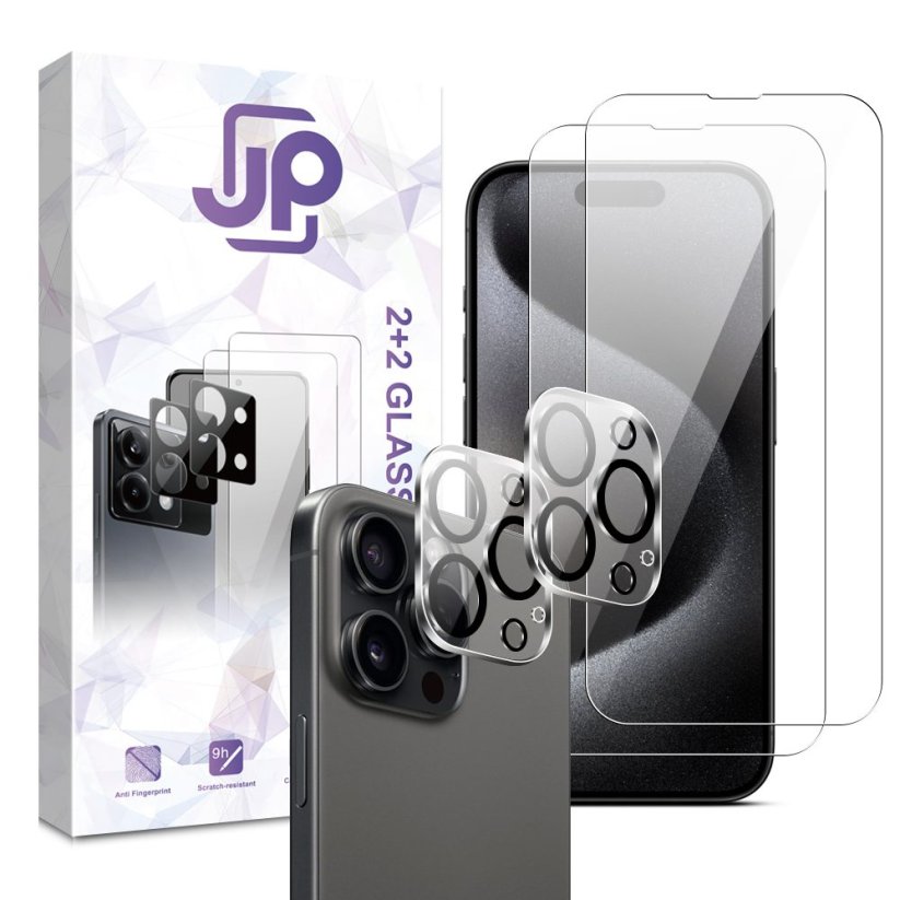 JP Combo Pack, Set of 2 Tempered Glass and 2 Camera Glass, iPhone 15 Pro