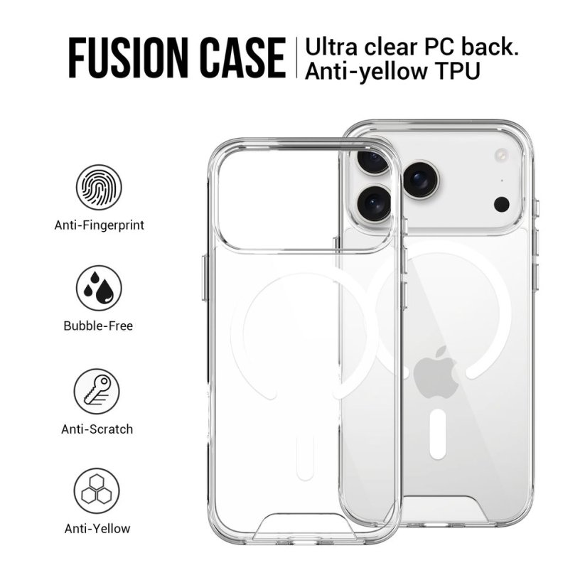 JP MagFit MagSafe obal s 1.2M SGS certifikátem, iPhone 17 Pro Max, průhledný