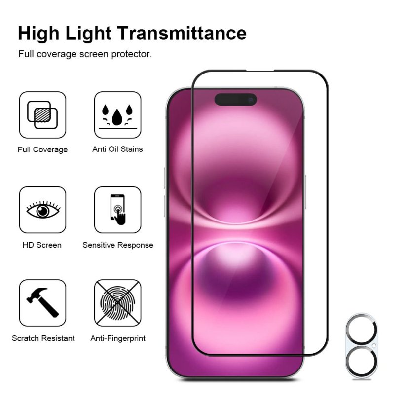 JP Full Pack Tvrzených skel, 2x 3D sklo s aplikátorem + 2x sklo na čočku, iPhone 16