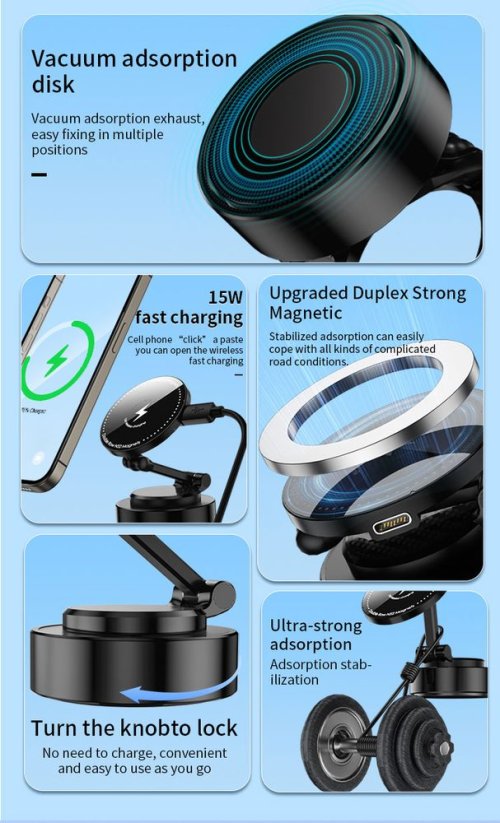 360° 15W magnetický bezdrátový přísavný držák telefonu s nastavitelným ramenem, černý, C48