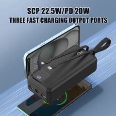 JP Powerbanka se 2 vestavěnými kabely, 30000mAh, USB-C + Lightning, s LED světlem, PD 22,5W, černá