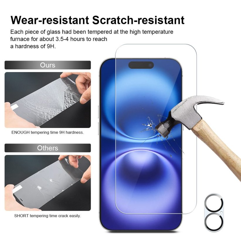 JP Mega Pack Tvrzených skel, 3 skla na telefon s aplikátorem + 2 skla na čočku, iPhone 16 Plus
