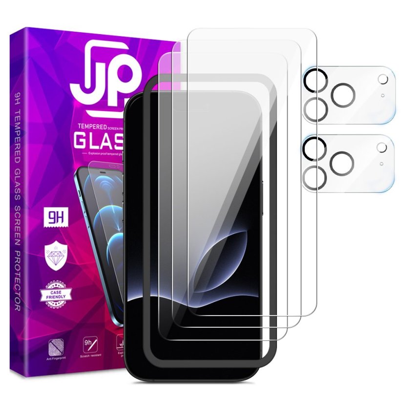 JP Mega Pack Tvrzených skel, 3 skla na telefon s aplikátorem + 2 skla na čočku, iPhone 17 Pro Max