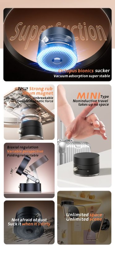 360° magnetický nastavitelný přísavný držák telefonu do auta s kovovým ramenem, černý, C47