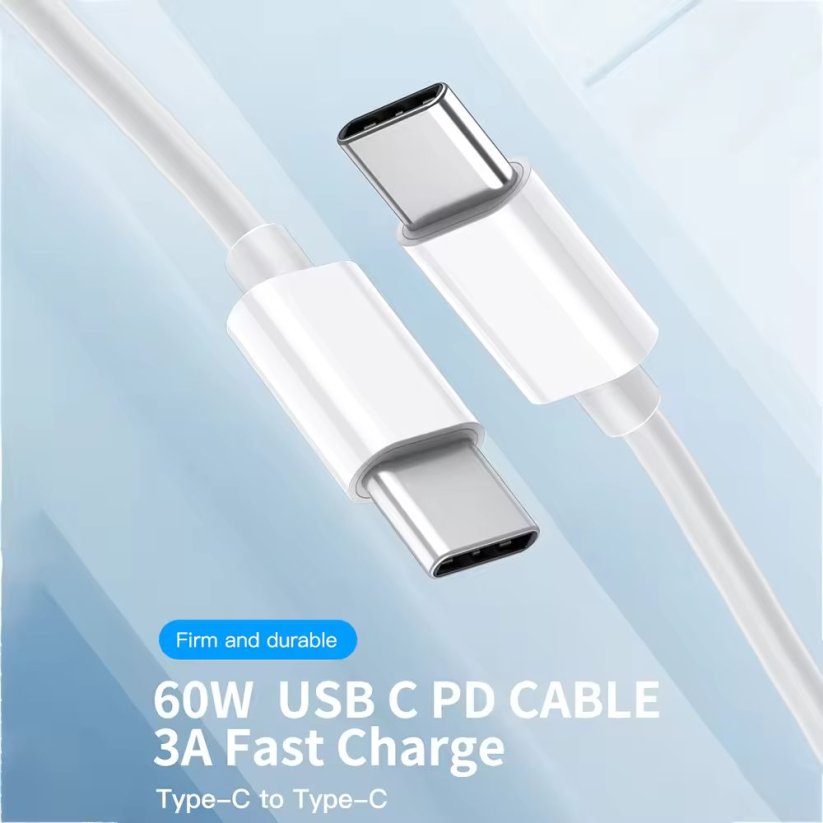 JP USB-C to USB-C Cable, PD 60W, QC 4.0, 3A, 480Mb/s, White, 2 Meters