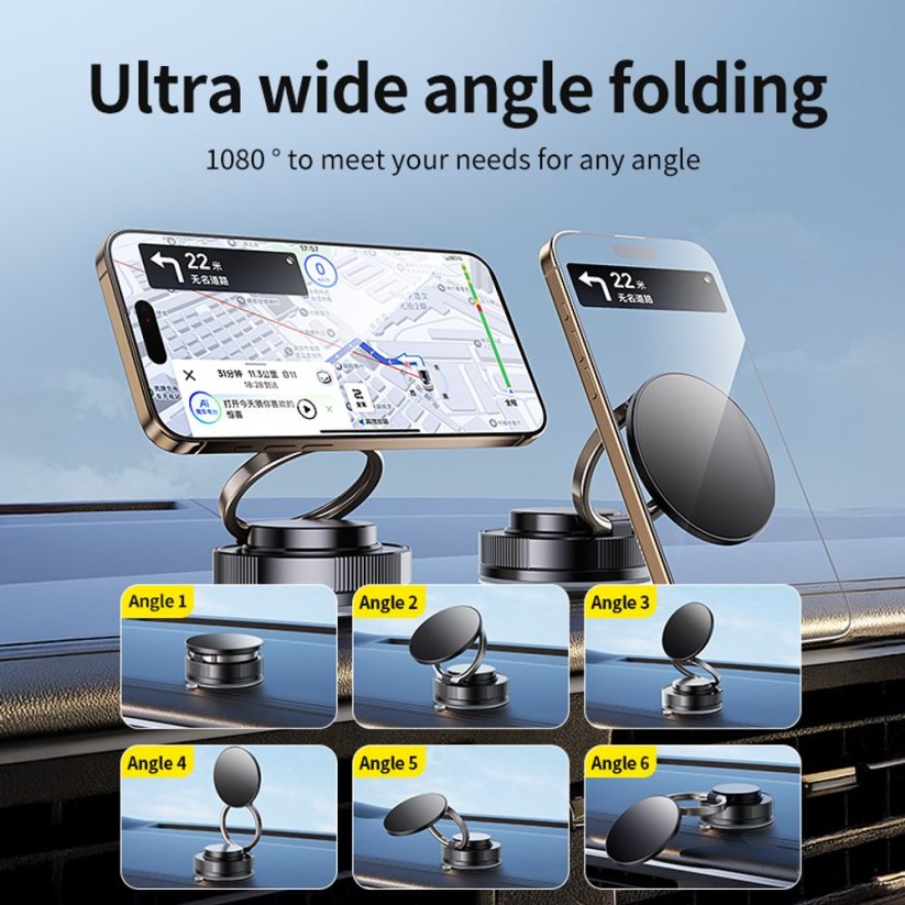 360° magnetický nastavitelný přísavný držák telefonu do auta s rubidiovým magnetem, černý, C46