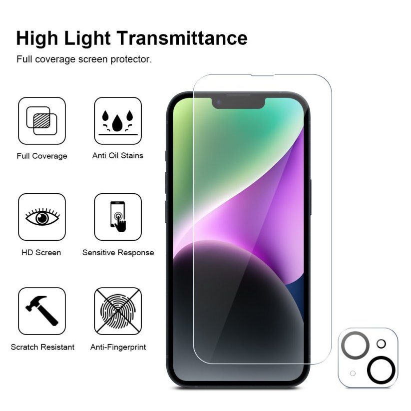 JP Mega Pack Tvrzených skel, 3 skla na telefon s aplikátorem + 2 skla na čočku, iPhone 14