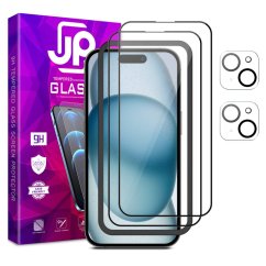 JP Full Pack Tempered glass, 2x 3D glass with applicator + 2x camera glass, iPhone 15 Plus