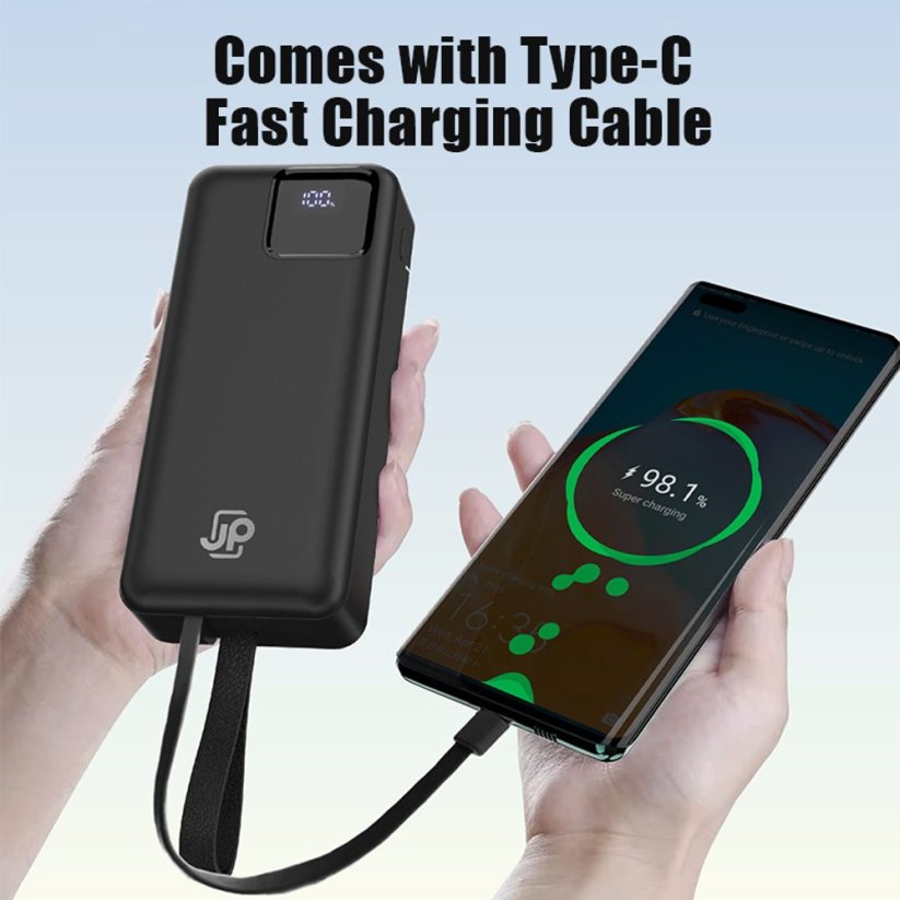 JP Power Bank with 2 Built-in Cables, 30000 mAh, USB-C + Lightning, with LED Light, PD 22,5W, Black