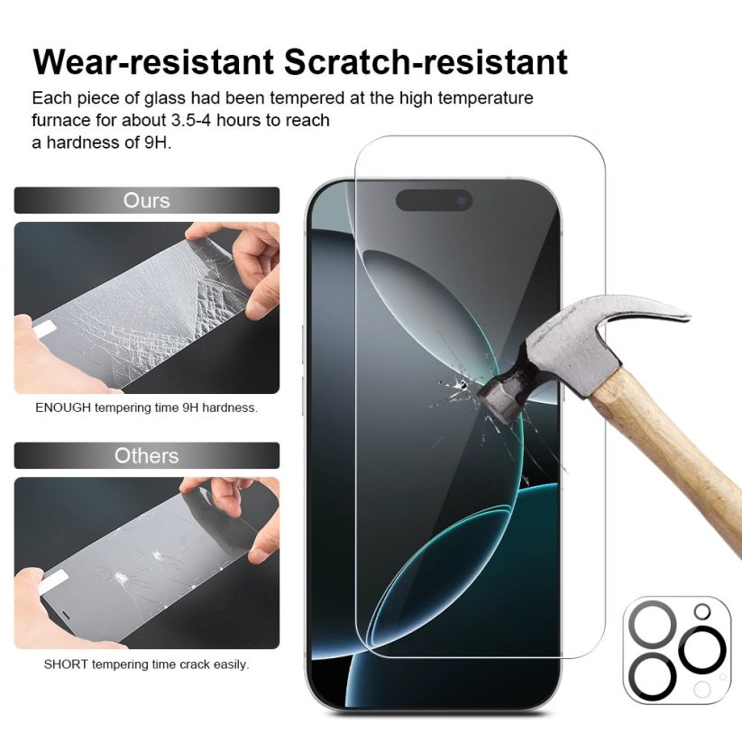JP Mega Pack Tempered Glasses, 3 glasses with applicator + 2 camera glasses, iPhone 16 Pro