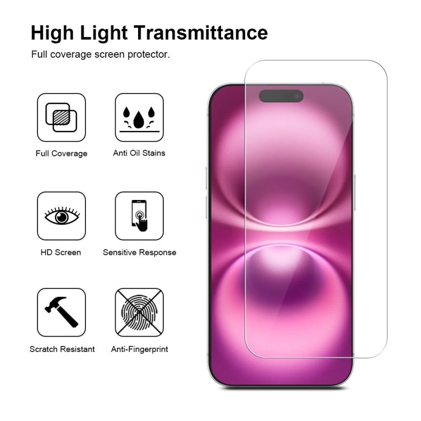 JP Long Pack Tempered Glass, 3 screen protectors with applicator, iPhone 16