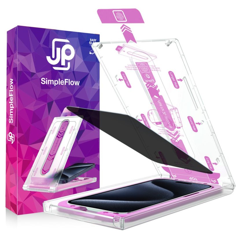 JP SimpleFlow Privacy Tvrzené sklo s jednoduchou aplikací, iPhone 15 Pro