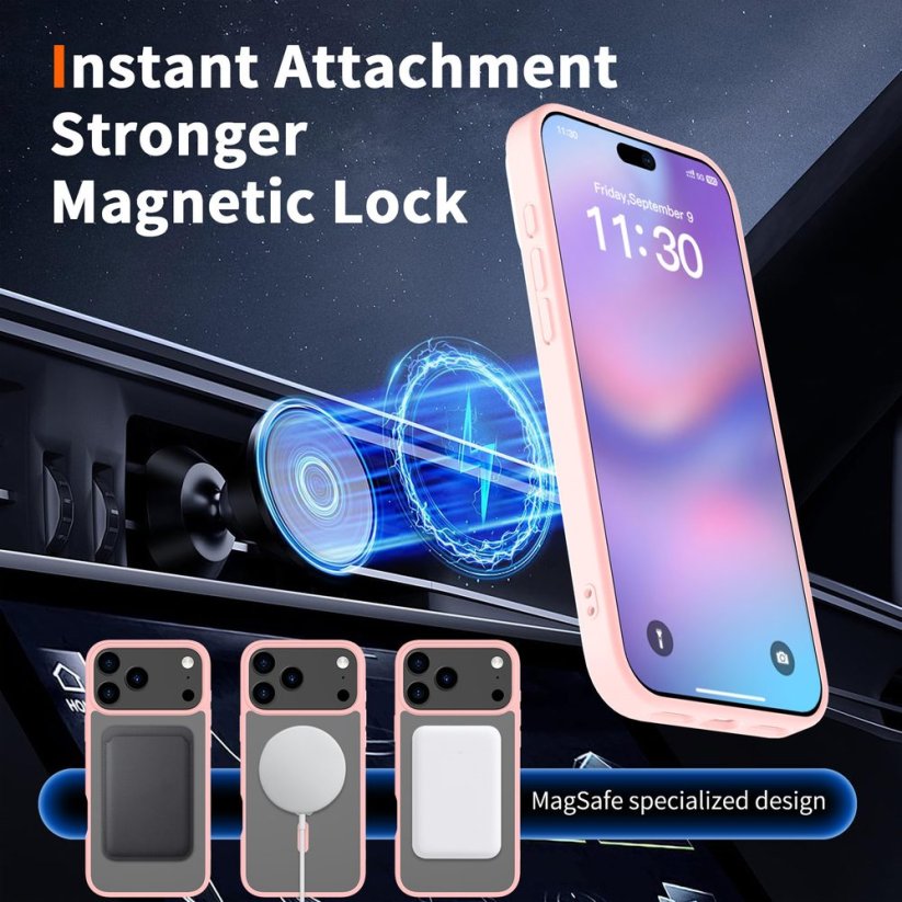 JP MagFit Clear MagSafe obal s N52 magnetem, iPhone 17 Pro Max, světle růžový