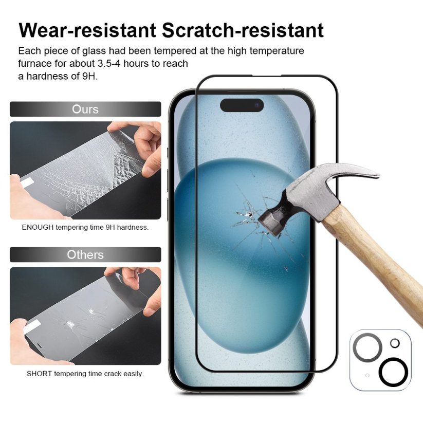 JP Full Pack Tvrzených skel, 2x 3D sklo s aplikátorem + 2x sklo na čočku, iPhone 15 Plus
