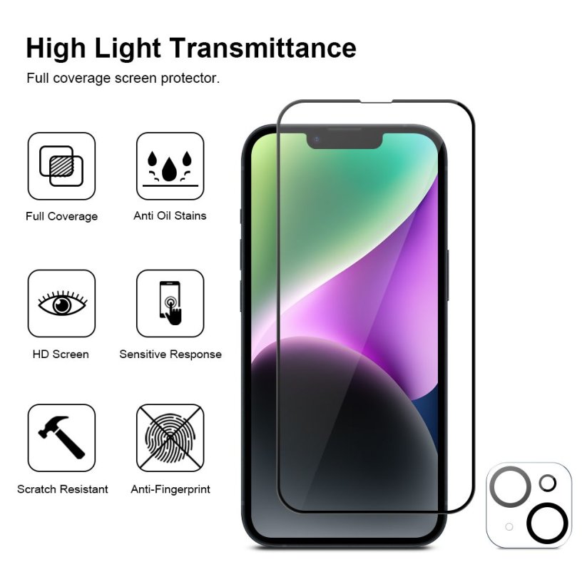 JP Full Pack Tempered glass, 2x 3D glass with applicator + 2x camera glass, iPhone 14