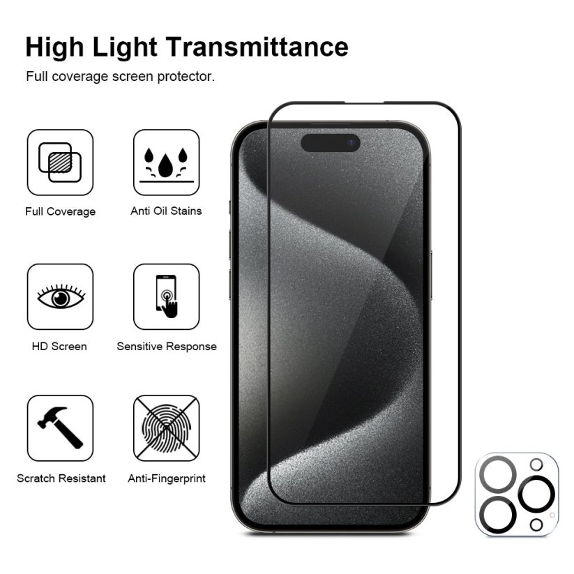 JP Full Pack Tempered glass, 2x 3D glass with applicator + 2x camera glass, iPhone 15 Pro