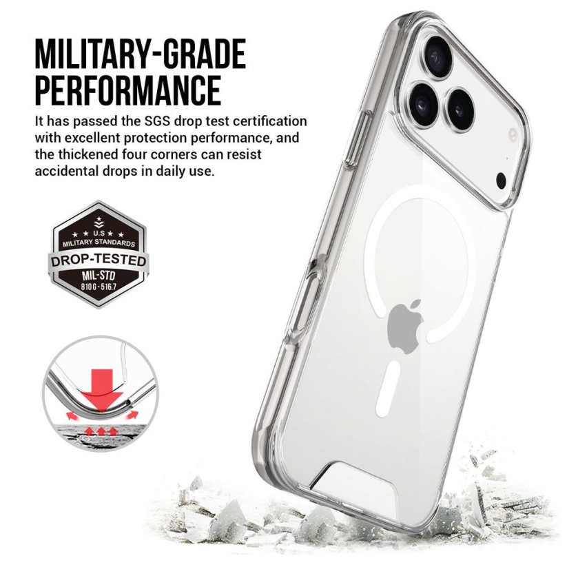 JP MagFit MagSafe obal s 1.2M SGS certifikátem, iPhone 17 Pro Max, průhledný