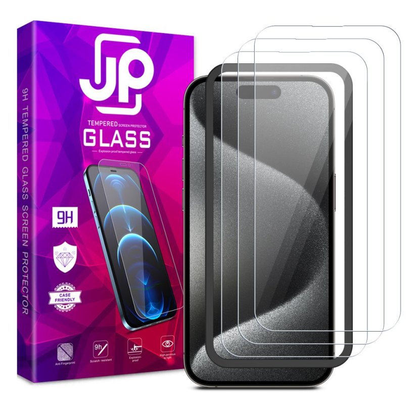 JP Long Pack Tempered Glass, 3 screen protectors with applicator, iPhone 15 Pro