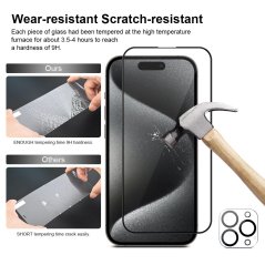 JP Full Pack Tvrzených skel, 2x 3D sklo s aplikátorem + 2x sklo na čočku, iPhone 15 Pro