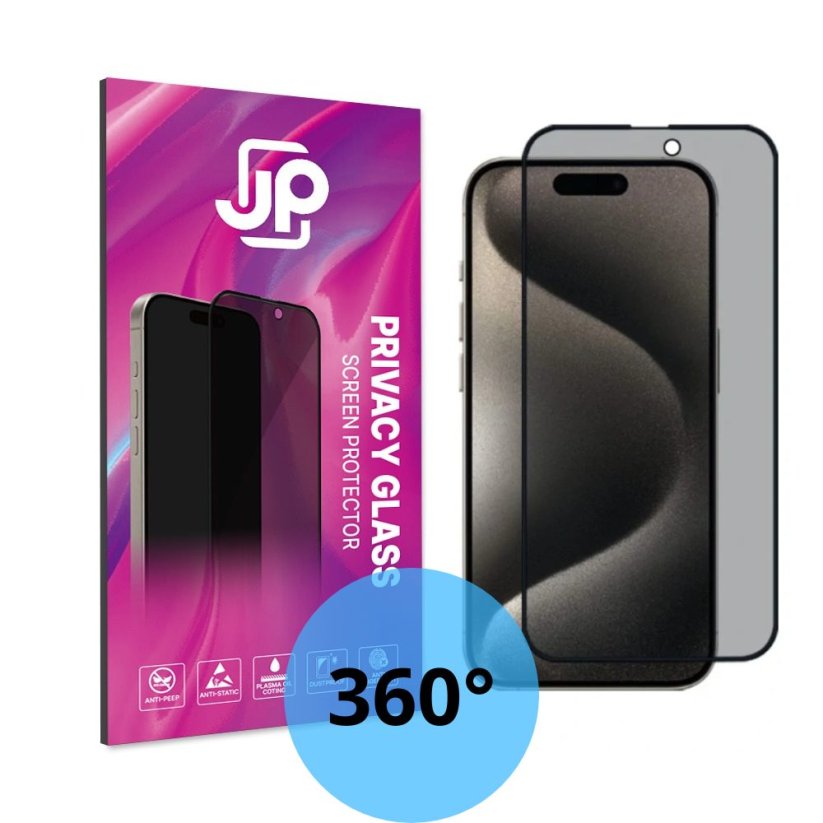 JP 4-Way Privacy 360° Tvrzené sklo, iPhone 16 Pro Max, černé