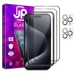 JP Full Pack Tempered glass, 2x 3D glass with applicator + 2x camera glass, iPhone 15 Pro Max
